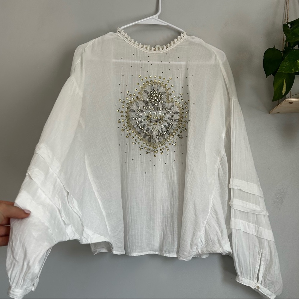 FREE PEOPLE Heart of Gold Blouse White Embellished Cutout-Neck Blouse size large - Picture 7 of 14